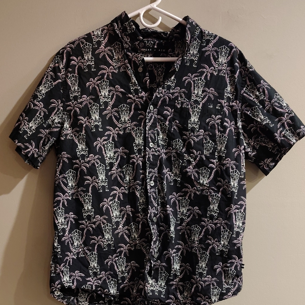 Edgar + Ash Mens Black‎ Large Polynesian Short Sleeve Button Down Shirt